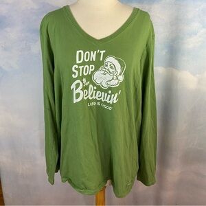 Life Is Good Santa Green Crusher Tee - V-Neck Graphic Top Size XL